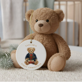 Luxe Preppy Plaid Teddy Bear | 1st Christmas Julgransprydnad Keramik