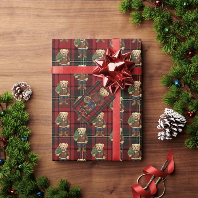 Luxe Preppy Red Plaid Christmas Teddy Bear Presentpapper (Skapare uppladdad)