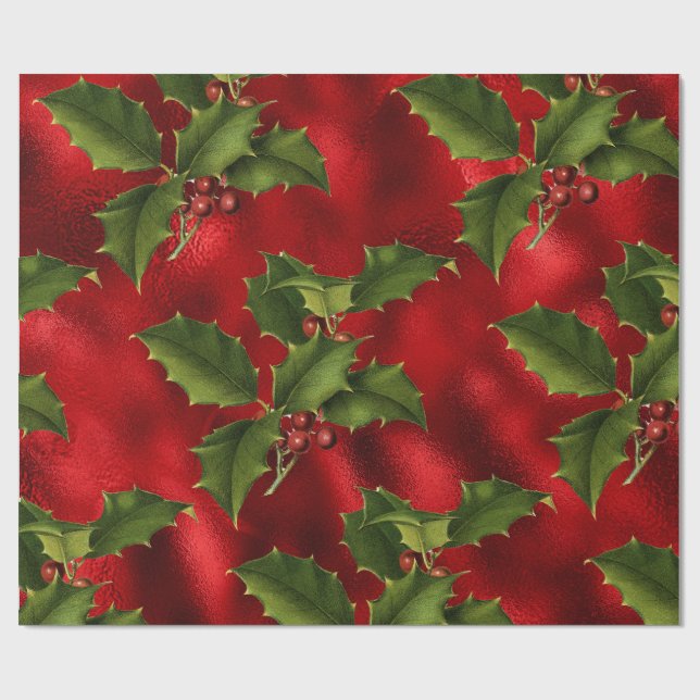 Luxe Red Faux Foil, Grönt Holly, Red Berries Presentpapper (Platt)