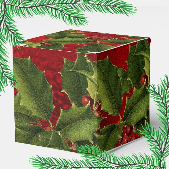 Luxe Red Foil, Grönt Holly, Red Berries Favor Box Presentaskar (Skapare uppladdad)