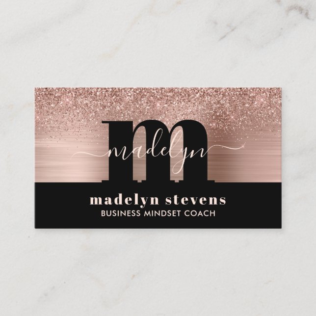 Luxe Ro Guld Glitter Metallic Monogram Logotyp Visitkort (Framsida)