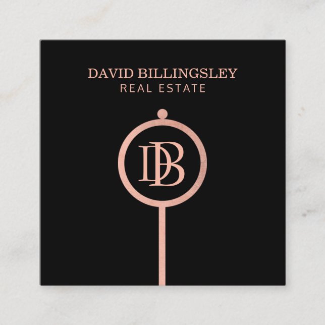 Luxe Ro Guld Skeleton Nyckel Monogram Realtor Fyrkantigt Visitkort (Framsida)