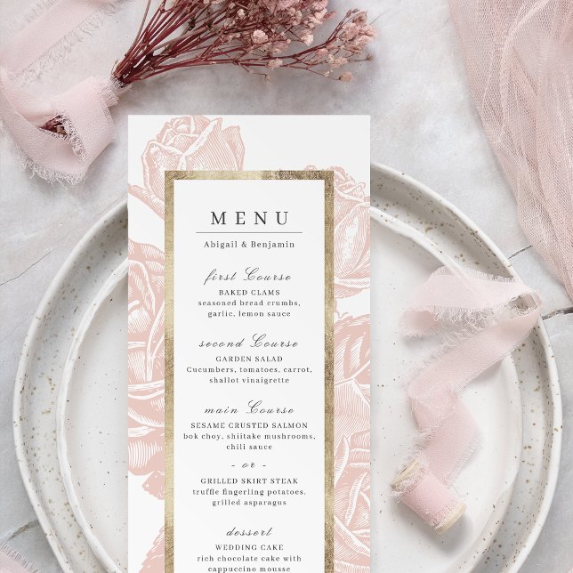 Luxe ro  guld vintage botaniska bröllop meny (Luxe rose blush gold vintage botanical wedding menu)