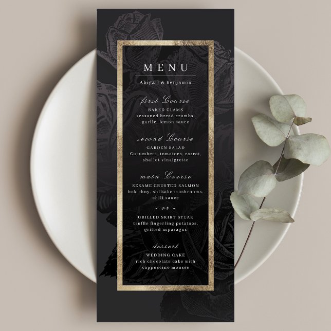 Luxe ro svart guld vintage botaniska bröllop meny (Luxe rose black gold vintage botanical wedding menu)