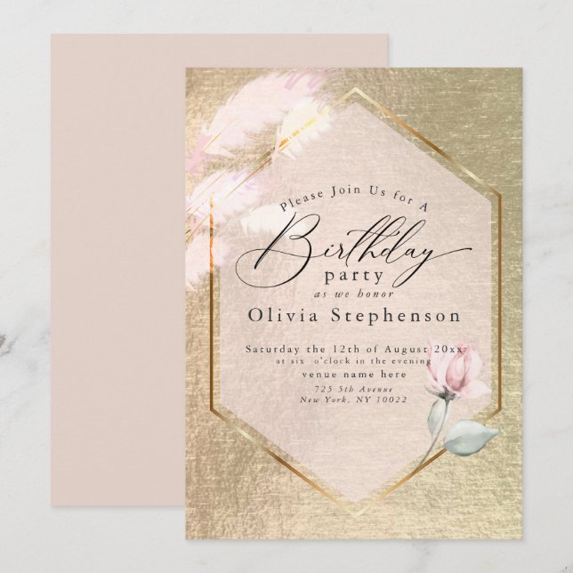 Luxe Rosa Guld Blommigt Birthday-inbjudan Inbjudningar (Fram/baksida)
