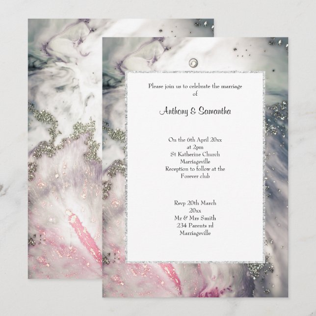 LUXE ROSA MARBLE GLITTER WEDDING-inbjudan Inbjudningar (Fram/baksida)