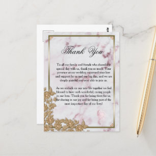 Luxe Rosa Marble och Pearls Bröllop Tack Vykort
