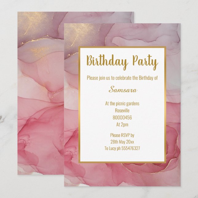 LUXE ROSA  MARBLE RO BIRTHDAY INVIVIAGE INBJUDNINGAR (Fram/baksida)
