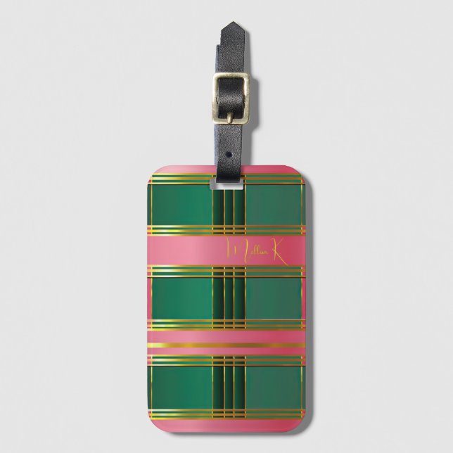 Luxe Rosa och Grön Färgblockerad Monogram Resegods Bagagebricka (Framsida vertikal)
