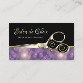 Luxe Salon Lila Bokeh Guld Hairstylist Sissors Visitkort