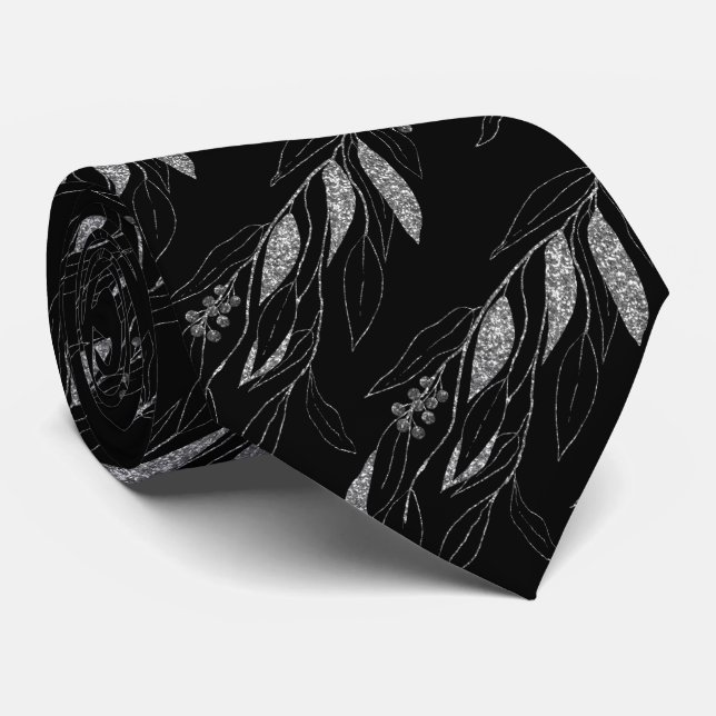 LUXE SILVER BLACK EUCALYPTUS BOTANICAL TIE SLIPS (Rullad)