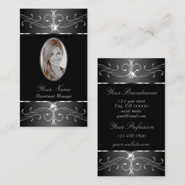 Luxe Silver Black White Ornate Ornaments Lägg till Visitkort (Fram/baksida)