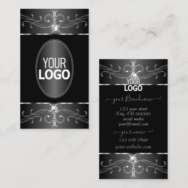 Luxe Silver Black White Ornate Ornaments med Logot Visitkort (Fram/baksida)