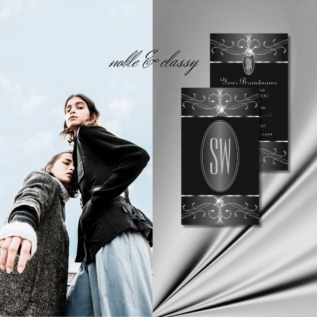 Luxe Silver Black White Ornate Ornaments Monogram Visitkort (Skapare uppladdad)