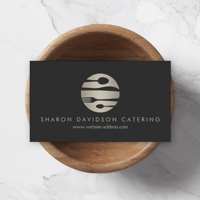 Luxe Silver Catering Logotyp Restaurant Mörk Grått Visitkort (Skapare uppladdad)