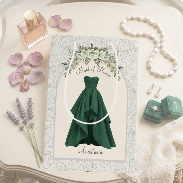 Luxe smaragdgrön personlig brudtärna-gåva (Luxe Maid of Honor proposal gift bag personalized forest green wedding party gift packaging)