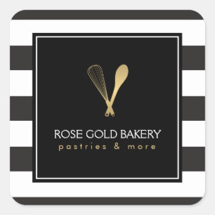 Luxe Stripe Guld Whisk Spoon Logotyp Bakery, Chef Fyrkantigt Klistermärke