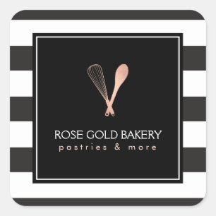 Luxe Stripe Ro Guld Whisk Spoon Logotyp Bakery Fyrkantigt Klistermärke