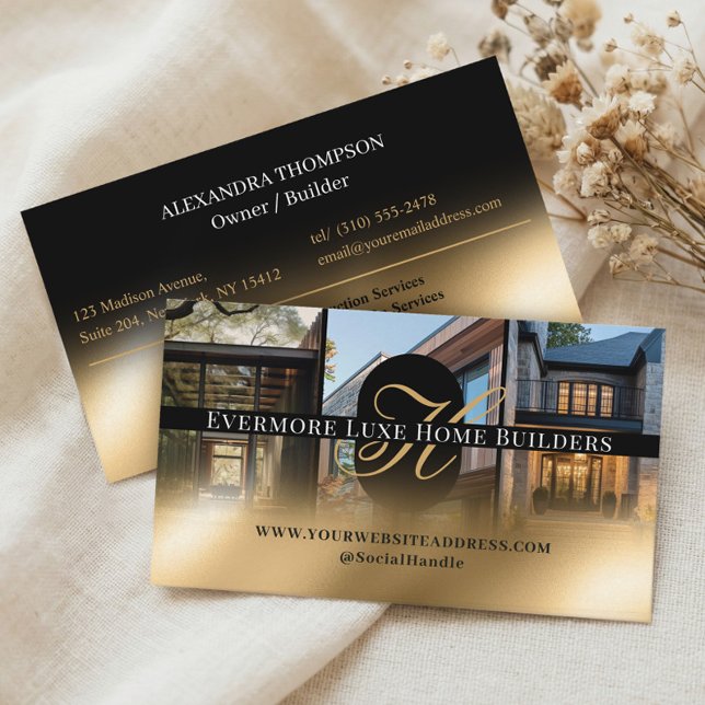 Luxe Svart Guld Monogram Hem Kontraktör 3 Foto Visitkort (Luxe Black Gold Monogram Home Contractor 3 Photo Business Card)