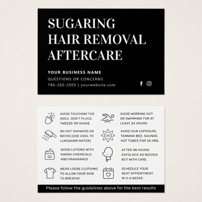 Luxe Svart Klassisk Sugaring Eftervårdsguide Visitkort (Framsida & baksida)