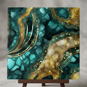 Luxe Teal Turkos Flytande Guld Marmor Agat Geod Kakelplatta