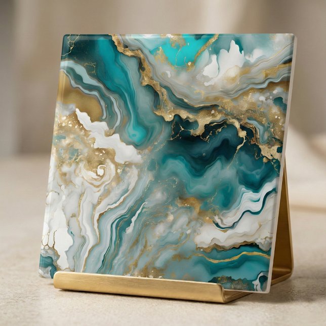 Luxe Teal Turkos & Guld Agat Marmor Fluid Konst Kakelplatta (Skapare uppladdad)