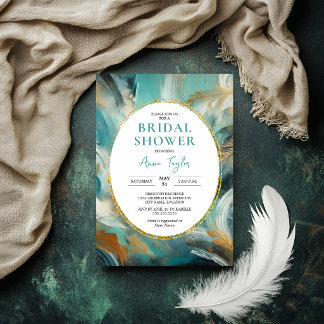 Luxe Turquoise Gold Brushstroke Bridal Shower Inbjudningar