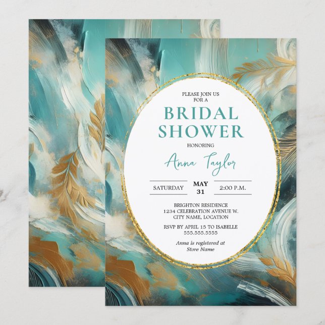Luxe Turquoise Gold Brushstroke Bridal Shower Inbjudningar (Fram/baksida)