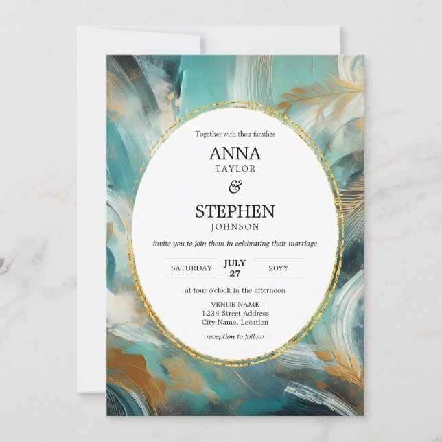 Luxe Turquoise Gold Brushstroke Wedding Inbjudningar (Framsida)