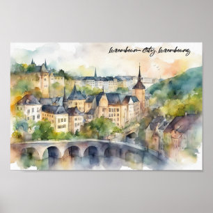 Luxembourg City Akvarellmålning Panoramautsikt Poster