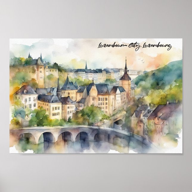 Luxembourg City Akvarellmålning Panoramautsikt Poster (Framsidan)