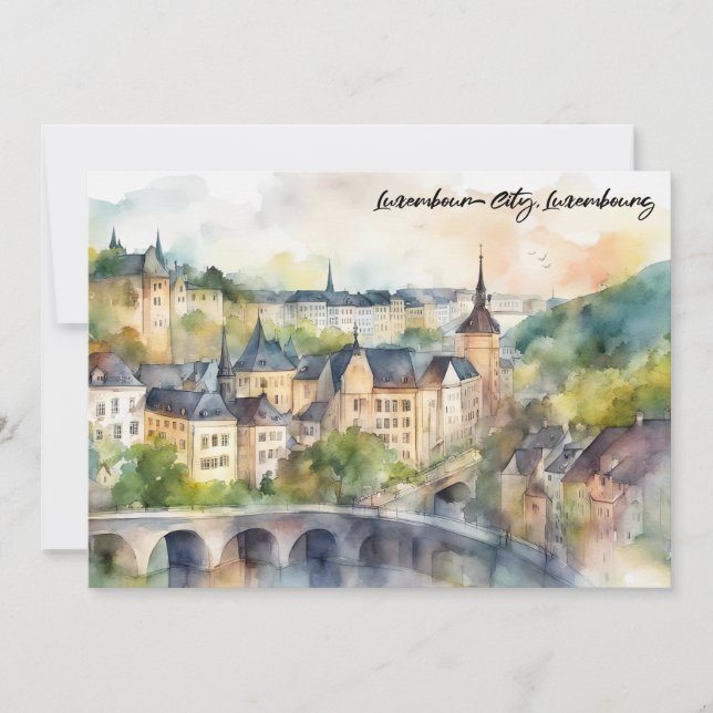 Luxemburg Stad Akvarellmålning Panorama Utsikt Kort (Framsida)