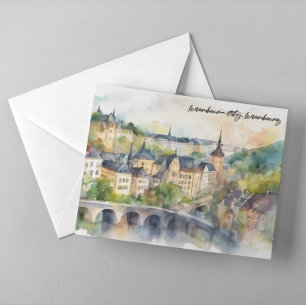 Luxemburg Stad Akvarellmålning Panorama Utsikt Vykort