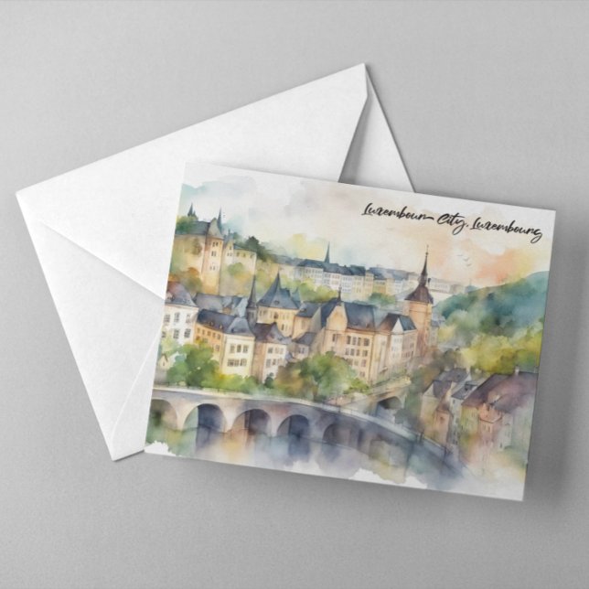 Luxemburg Stad Akvarellmålning Panorama Utsikt Vykort (Luxembourg City Watercolor Painting Panorama View Postcard)