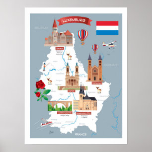 Luxemburg tecknadkarta poster
