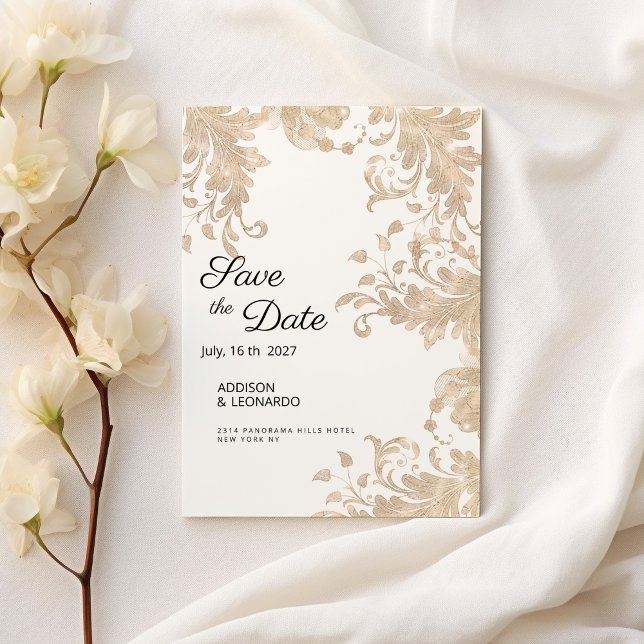 Luxguld, vit, florhaltig spets Spara datum Inbjudningar (Luxury chic white gold floral lace Save the Date )