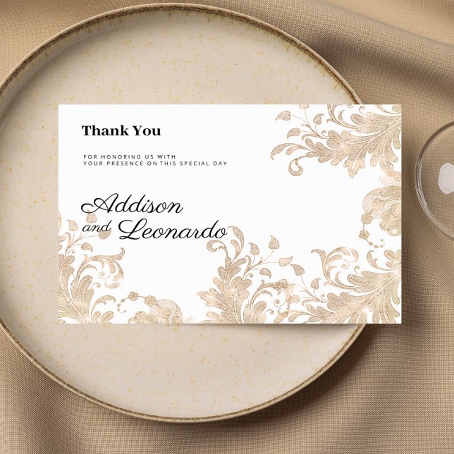 Luxguld, vit, plommonlats Tack Inbjudningar (Luxury chic white gold floral lace Thank You)