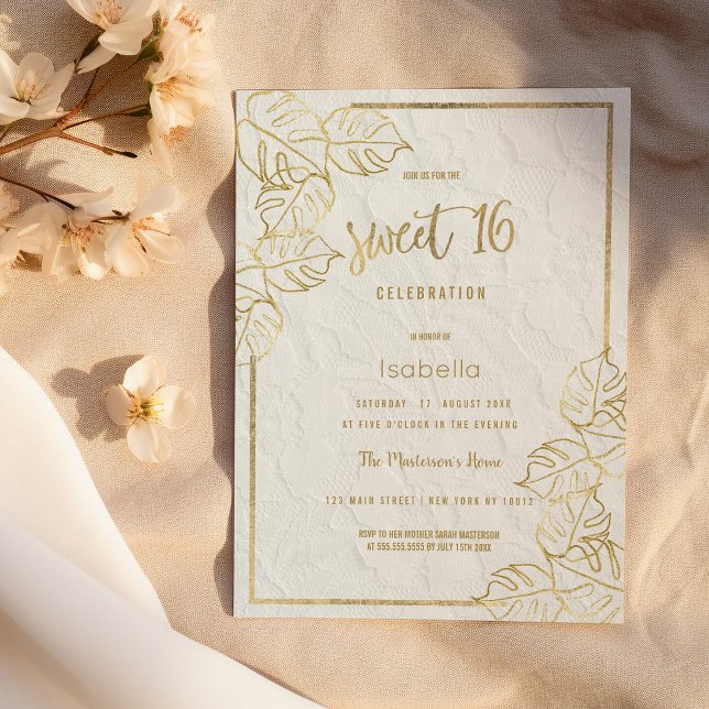 Luxgulvit guld fransk blommigt snöre Sweet 16 Inbjudningar (Luxury white gold french floral lace Sweet 16 Invitation )