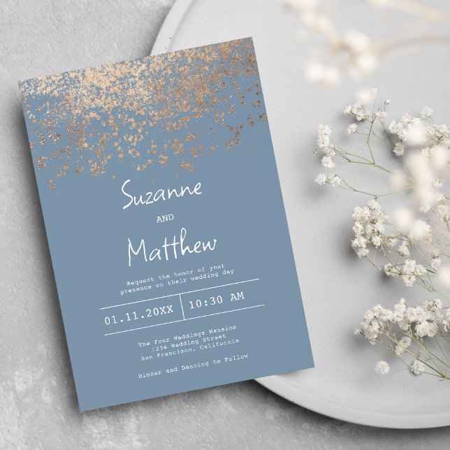 Luxiddammig blå ro guld konetti bröllop inbjudningar (Luxury dusty blue rose gold confetti wedding)