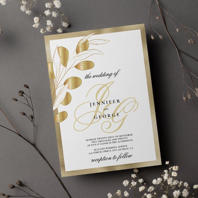 Luxidvit guld monogram initialer blommigt bröllop inbjudningar (Luxury white gold monogram initials floral wedding)