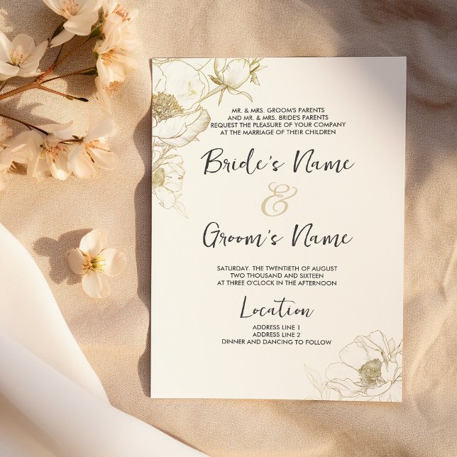 Luxmunlyvit guld-peonin blommigt Bröllop Inbjudningar (Luxury simple white gold peony floral Wedding )