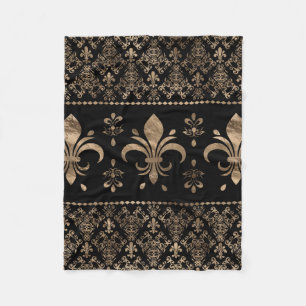 Luxsvart och guld Fleur-de-lis-ornament Fleecefilt