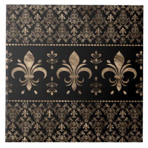 Luxsvart och guld Fleur-de-lis-ornament Kakelplatta