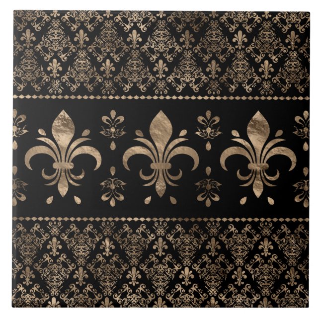 Luxsvart och guld Fleur-de-lis-ornament Kakelplatta (Framsidan)