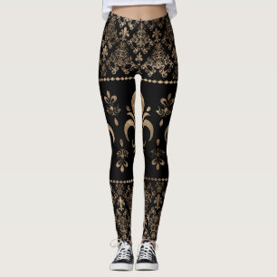 Luxsvart och guld Fleur-de-lis-ornament Leggings