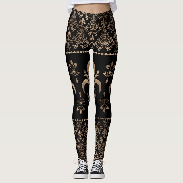 Luxsvart och guld Fleur-de-lis-ornament Leggings (Framsida)