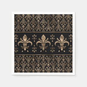 Luxsvart och guld Fleur-de-lis-ornament Pappersservett