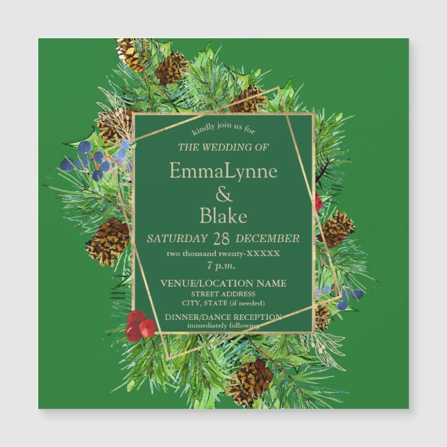 Luxuriant jul Greenery Guld Bröllop Magnetisk Inbjudningskort (Framsida)