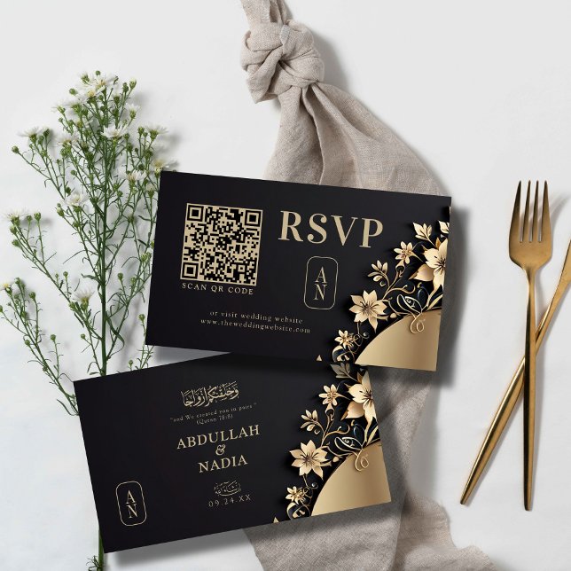 Luxuridisk Golden Blommigt Islamic Bröllop QR Osa Tilläggskort (Skapare uppladdad)