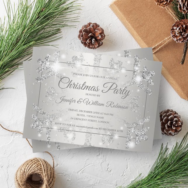 Luxuridisk Julfest Silver Glitter Snö Julafton Inbjudningar (Luxurious Silver Glitter Snow Xmas Holiday Party Invitation)